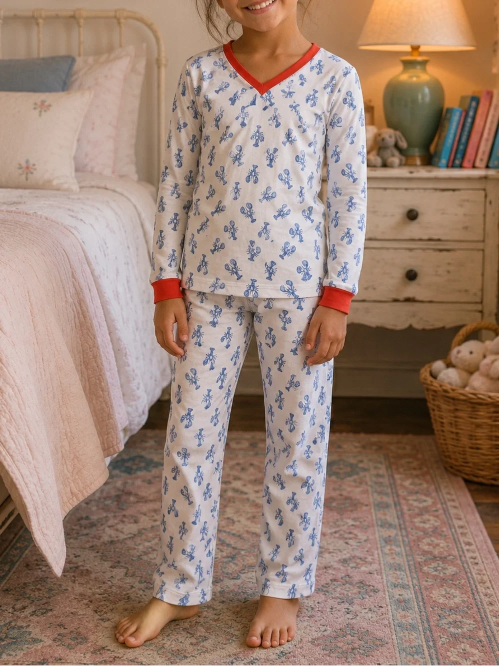 Nantucket Kids White Navy Lobster Print 100% Pima Cotton Pajama Set Coastal